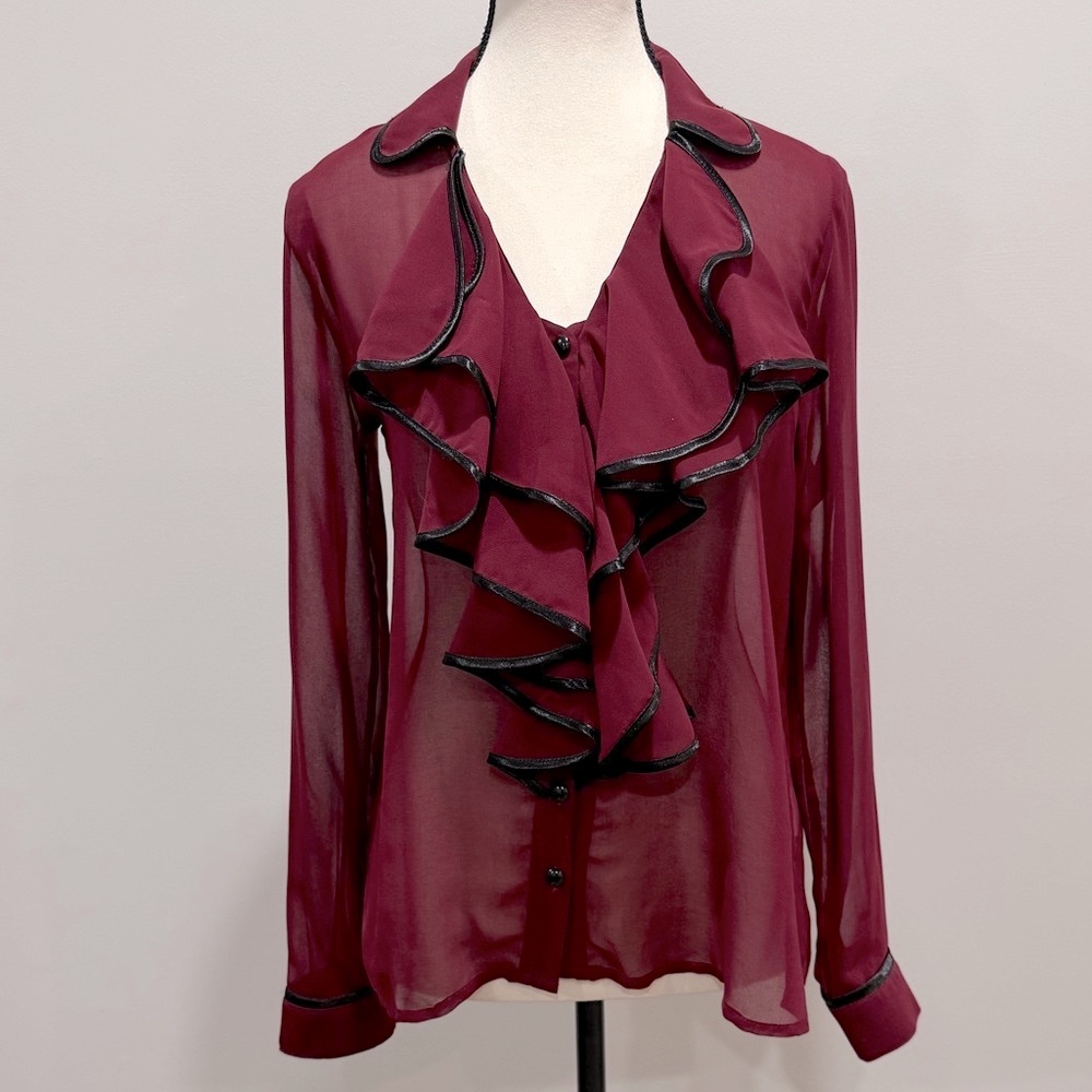 Regina Diaz Sheer Burgundy Ruffle Blouse with Satin Trim – Size S/5